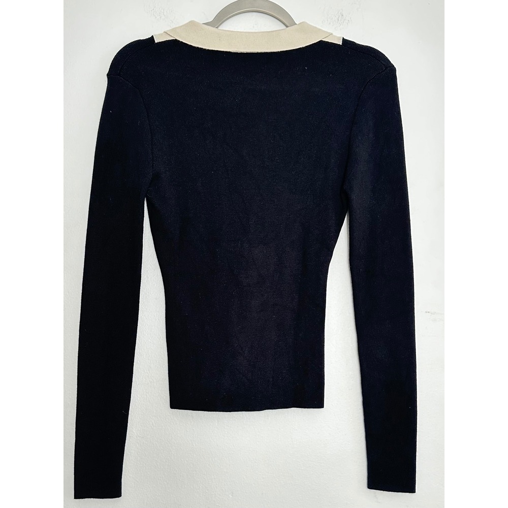 Commense Black Ribbed Knit Polo Top SM Long Sleeve Contrast Collar Office Siren - Picture 2 of 8